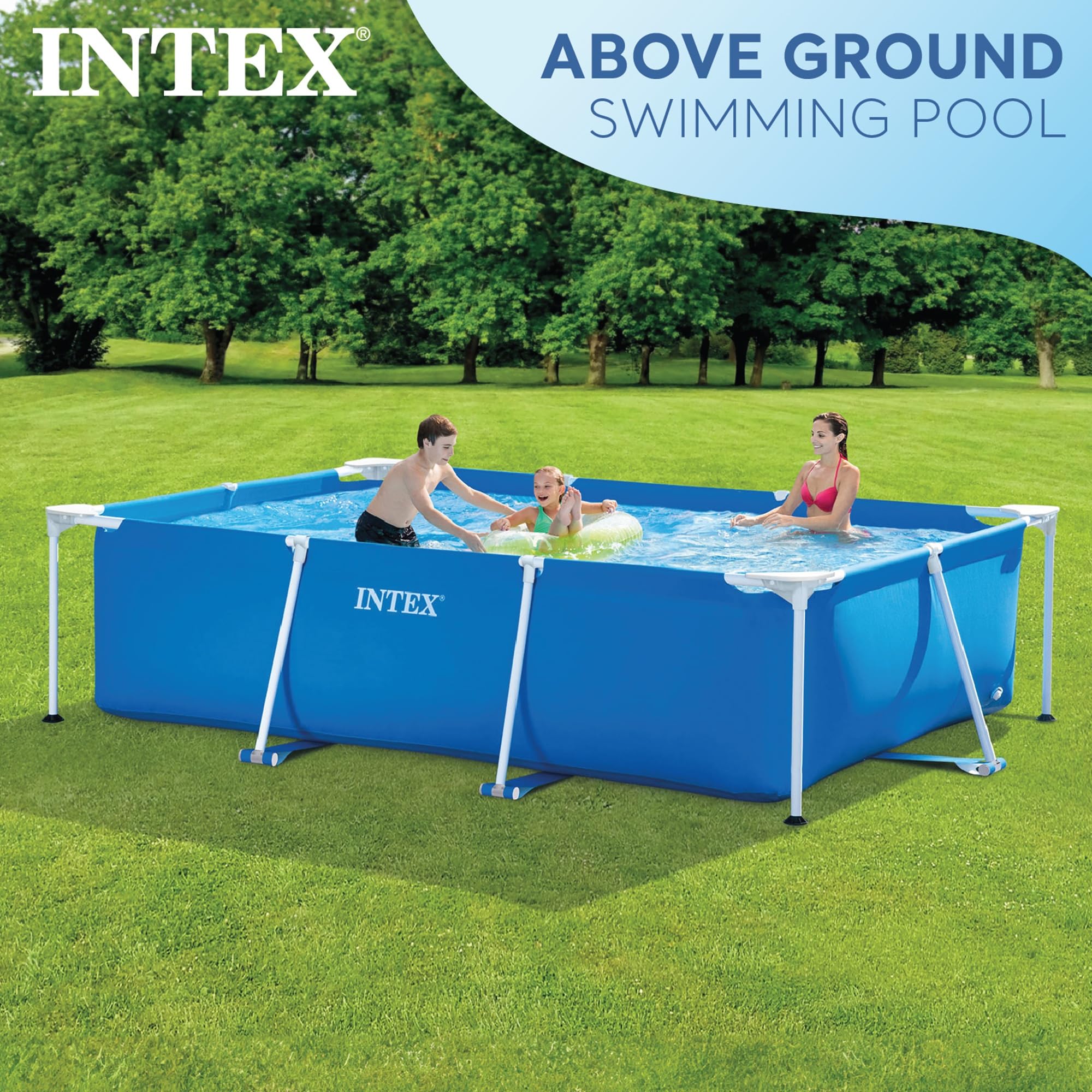 INTEX | 28272 Metal Frame Rectangular Outdoor Swimming Pool, Filter Pump Not Included, Capacity 3834 L, Measures 300 x 200 x 75 Centimeters - Colour Blue