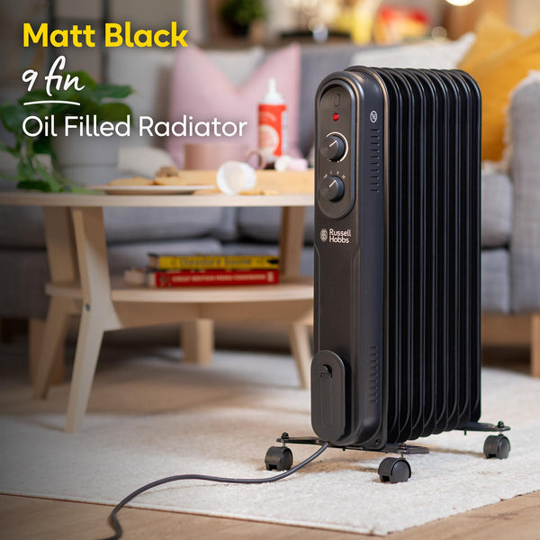 Russell Hobbs 1500W/1.5KW Oil Filled Radiator, 7 Fin Portable Electric Heater - Anthracite, Adjustable Thermostat, 3 Heat Settings, Overheat Protection, 15m sq Room Size, 2 Year Guarantee RHOFR7004A