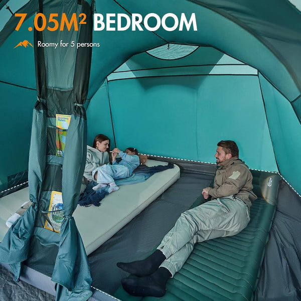 Portal Luxury 5 Man Tent 3000mm Waterproof Large Family Tent with Living Area 4-5 Persons Camping Tall Standing up Height with Fully Sewn-in Groundsheet Extendable Awning Canopy Tunnel 4 Season