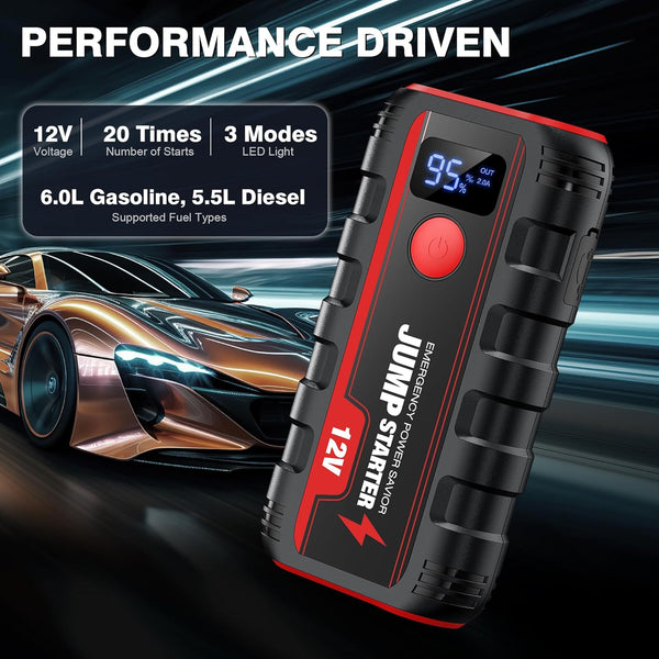 Ginarelo Jump Starter Power Pack Booster - Portable 12V Car Battery Jumpstart Bank Motorcycle Jumper Start with Leads LCD Screen LED 13200Mah Engine Up To 6.0L Gas or 5.5L Diesel
