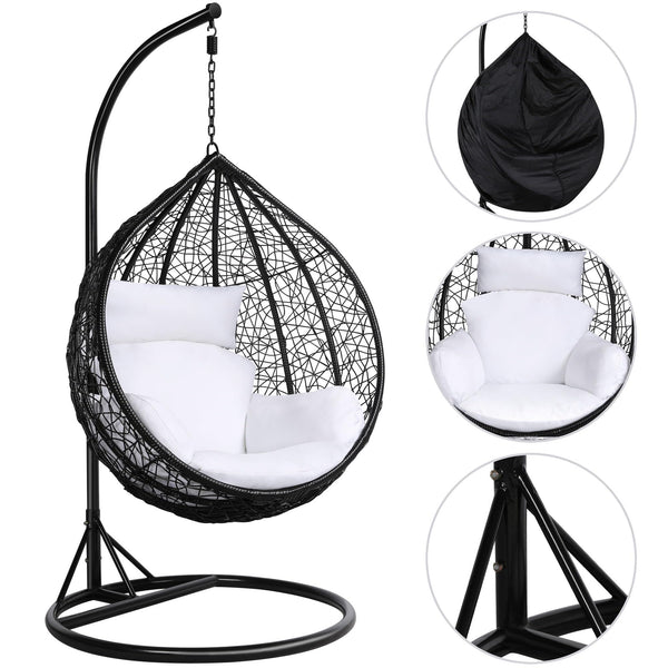Yaheetech Garden Egg Swing Chair, Patio Swing Chair Outdoor Hanging Hammock with Stand Indoor Rattan Chair with Cushion and Cover, Black