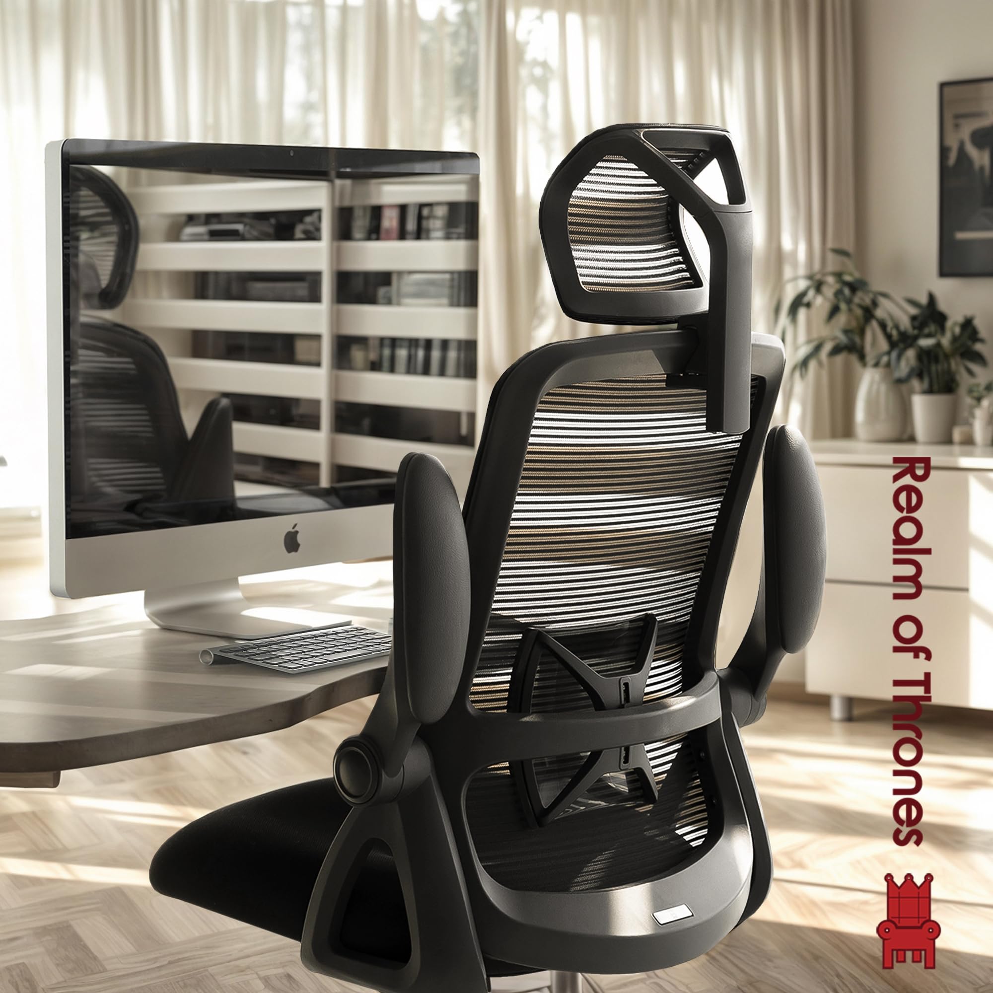 Realm of Thrones CAPTAIN Ergonomic Office Chair for Home, Heavy Duty Steel Base, Versatile Flip-up Armrests, Adjustable Lumbar Support, Mesh Back Comfort Cushion Seat for Computer Desk/Gaming (Black)