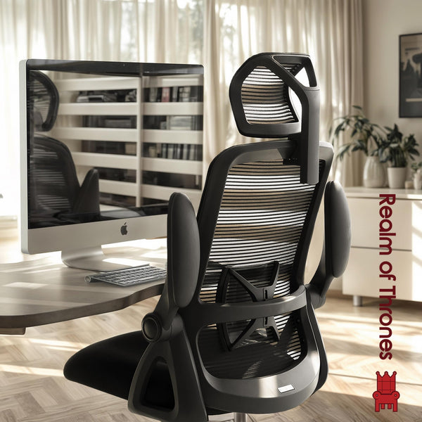 Realm of Thrones CAPTAIN Ergonomic Office Chair for Home, Heavy Duty Steel Base, Versatile Flip-up Armrests, Adjustable Lumbar Support, Mesh Back Comfort Cushion Seat for Computer Desk/Gaming (Black)