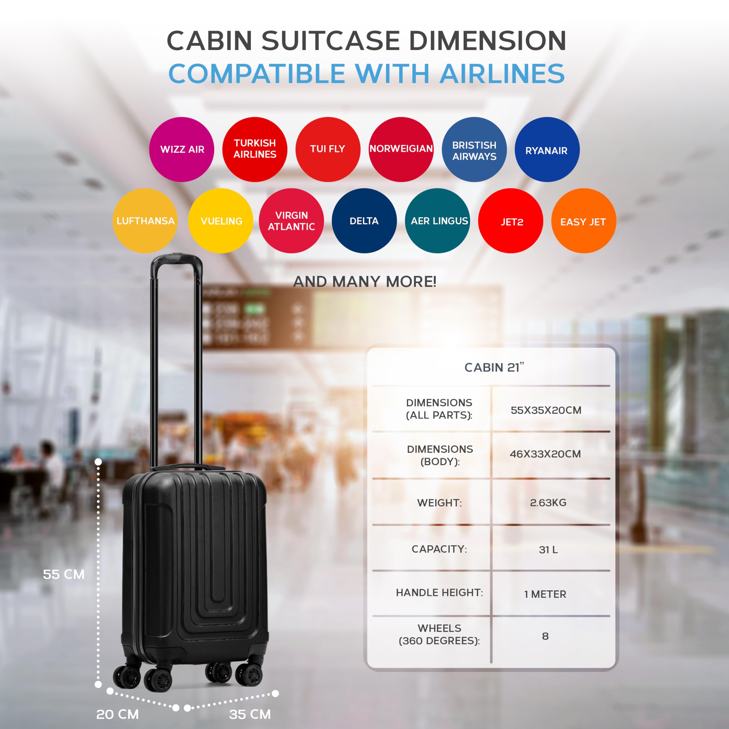 Flight Knight Premium Lightweight Suitcase - Built-in TSA Lock - 8 Spinner Wheels - ABS Hard Shell Check in Highly Durable Luggage - Medium - 67x45x26cm