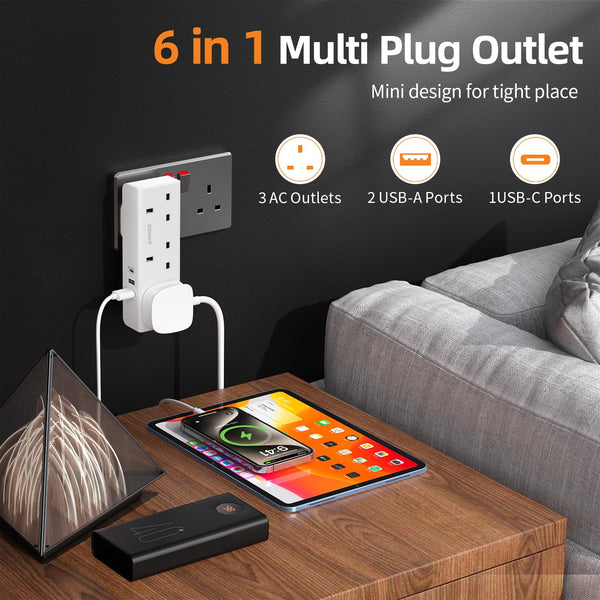 Multi Plug Extension with USB C Slot, 3 Way Plug Wall Charger Socket, Multi Outlets Extender Adapter UK for School, Home, Kitchen, Office (White)
