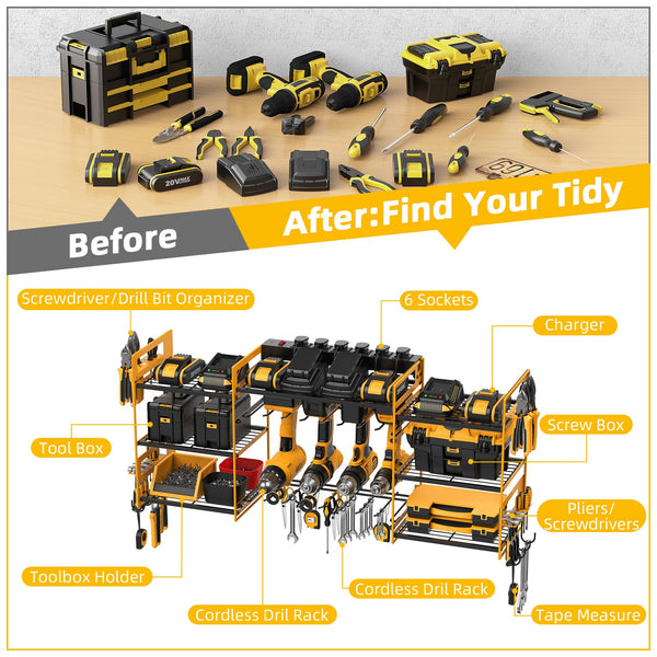 Power Tool Organizer with 6 Way Extension Lead,Large Tools Charging Station,8 Power Drill Tools Heavy Duty Drill Holder Wall Mounted Rack Utility Metal Tool Shelf Storage Organiser for Garage