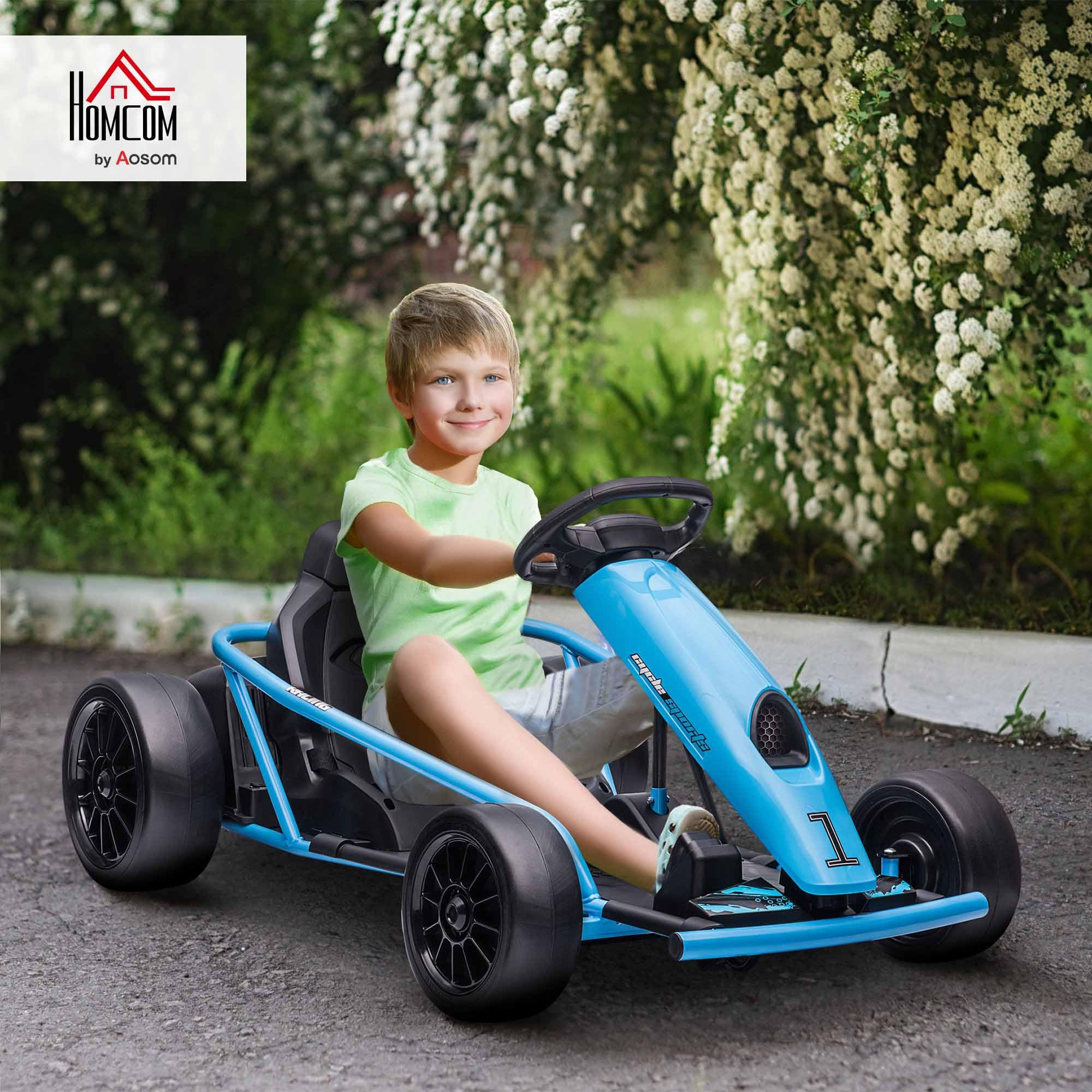 HOMCOM 24V Electric Go Kart for Kids, Ride-On Racing Go Kart with Slow Start, Music, Horn Honking and Safety Belt, for 8-12 Years Old, Blue