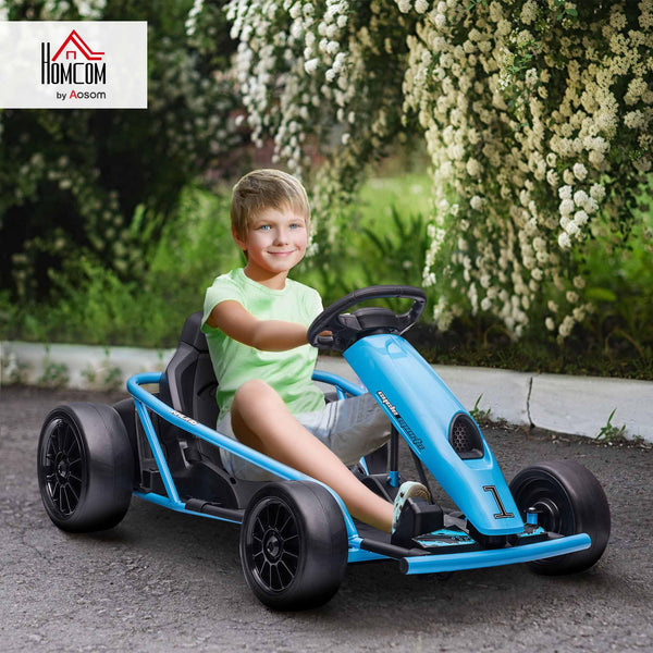 HOMCOM 24V Electric Go Kart for Kids, Ride-On Racing Go Kart with Slow Start, Music, Horn Honking and Safety Belt, for 8-12 Years Old, Blue