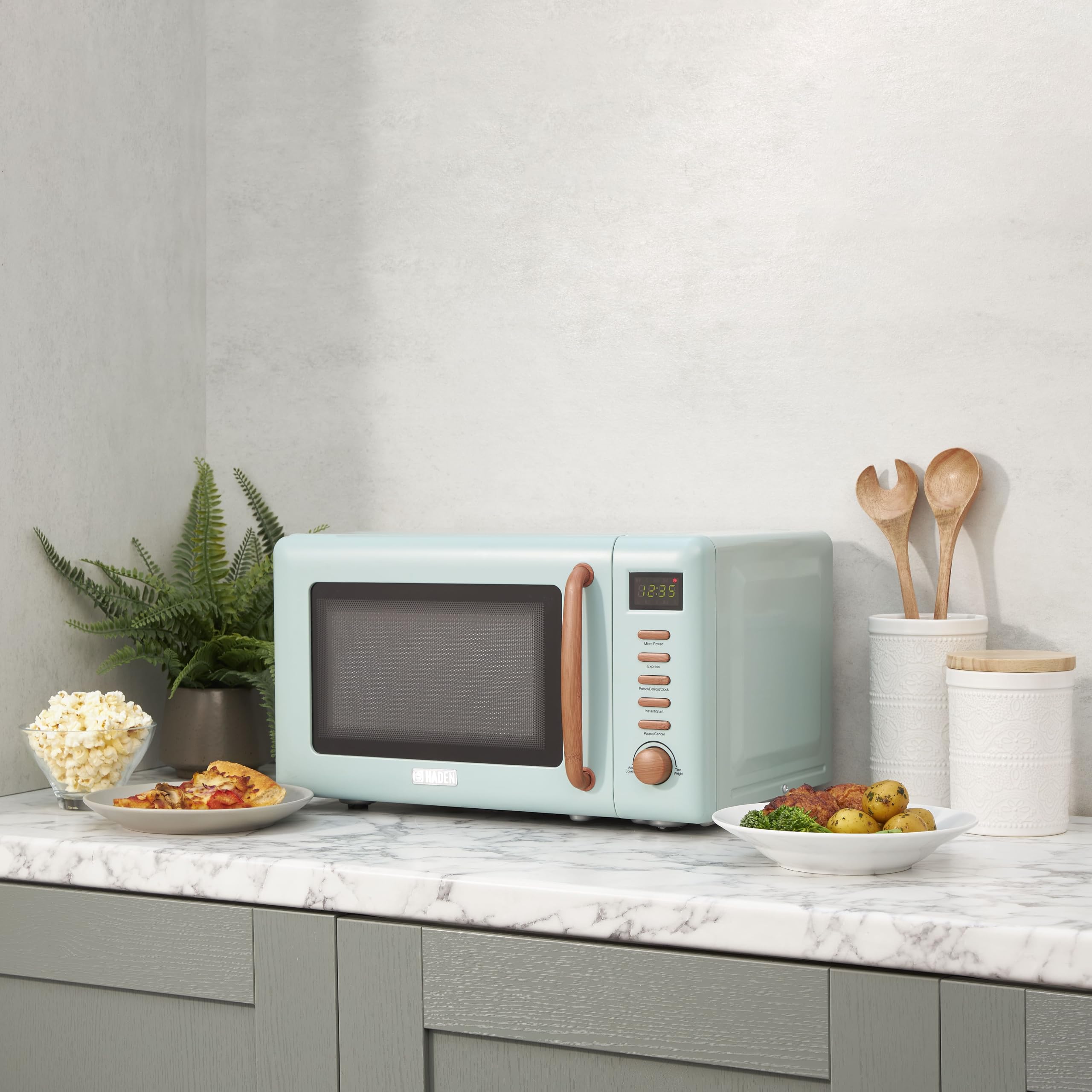 Haden Dorchester Green Microwave Oven - 20L 800W Microwave, Digital Controls, 5 Power Levels - Ideal Countertop Microwave with Wood Effect Finish,