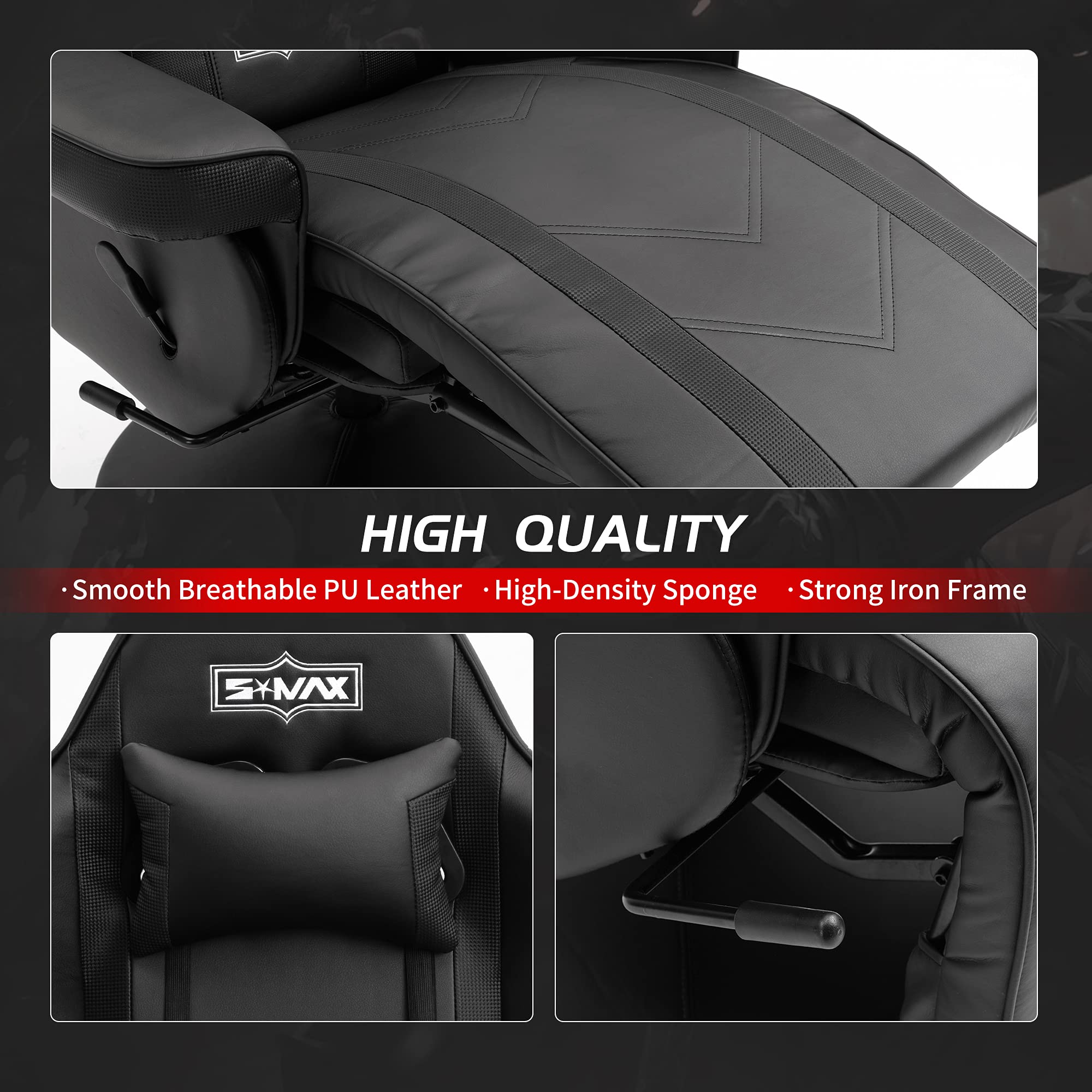S*MAX Gaming Chair Recliner Height Adjustable Ergonomic Higher Back and Wider Lumbar Support Swivel PU Leather Gaming Chair with Footrest Cup Holder Gamer Chairs for Adults Black X Large