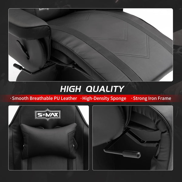 S*MAX Gaming Chair Recliner Height Adjustable Ergonomic Higher Back and Wider Lumbar Support Swivel PU Leather Gaming Chair with Footrest Cup Holder Gamer Chairs for Adults Black X Large