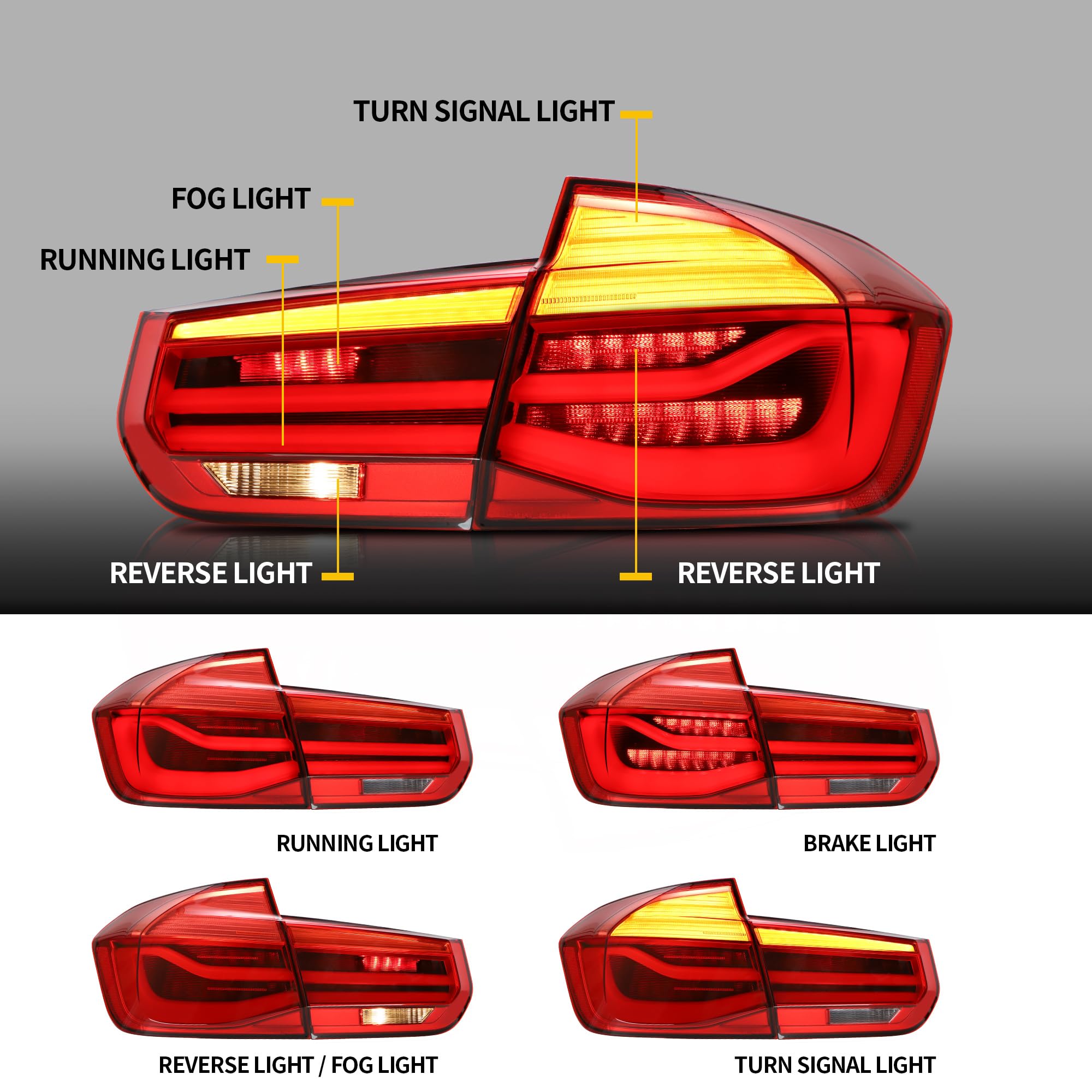 VLAND LED Rear Lights Compatible With 3-Series F30 F35 F80 M3 2013-2018 Sixth generation,Tail Lights Assembly w/Sequential Turn Indicator, 1 Set (Red)