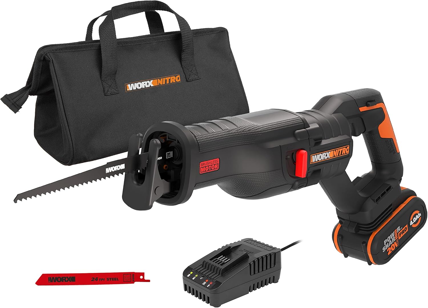 WORX Nitro 18V(20V MAX) Cordless Reciprocating Saw WX516 Brushless Saw 29mm, Quick Tool-Free Blade Change, Variable Cutting Speed Control, PowerShare, 1 * 4.0Ah Battery，1 * 2A Charger