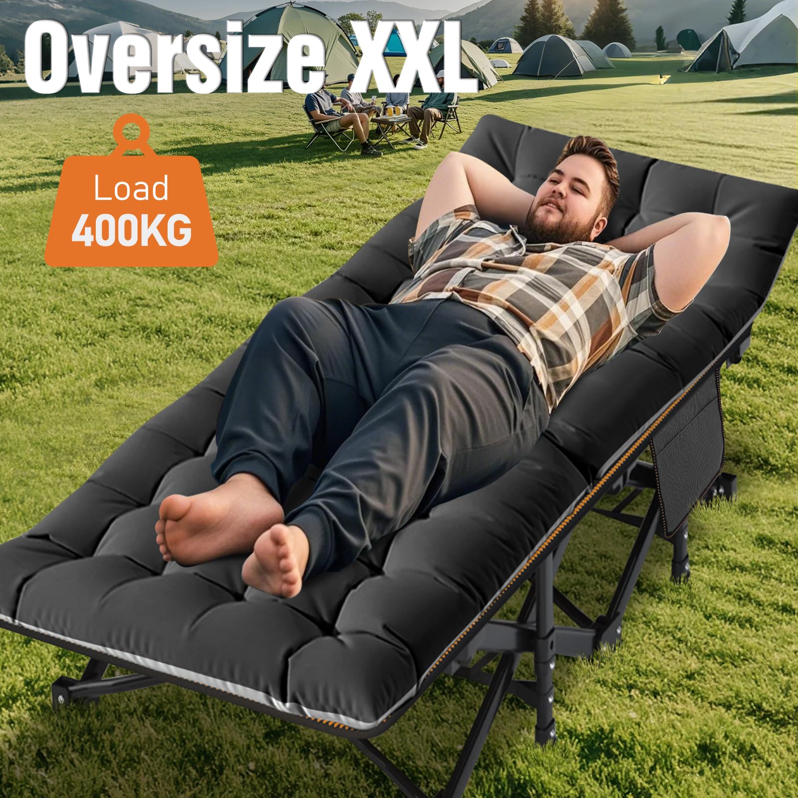Meulbaty Oversized Folding Camp Bed with Mattress - 46cm Wide, 400KG Heavy Duty Steel Frame and Oxford Cloth, 198x81x46 cm Camping Cot, Great for Adults, Garden and Trip (XXL Black)