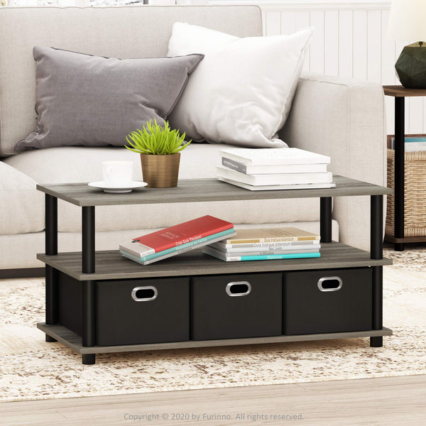 Furinno Frans Turn-N-Tube Coffee Table with Bin Drawers, French Oak Grey/Black/Black, 79.2 (W) x 40.1 (H) x 39.4 (D) cm