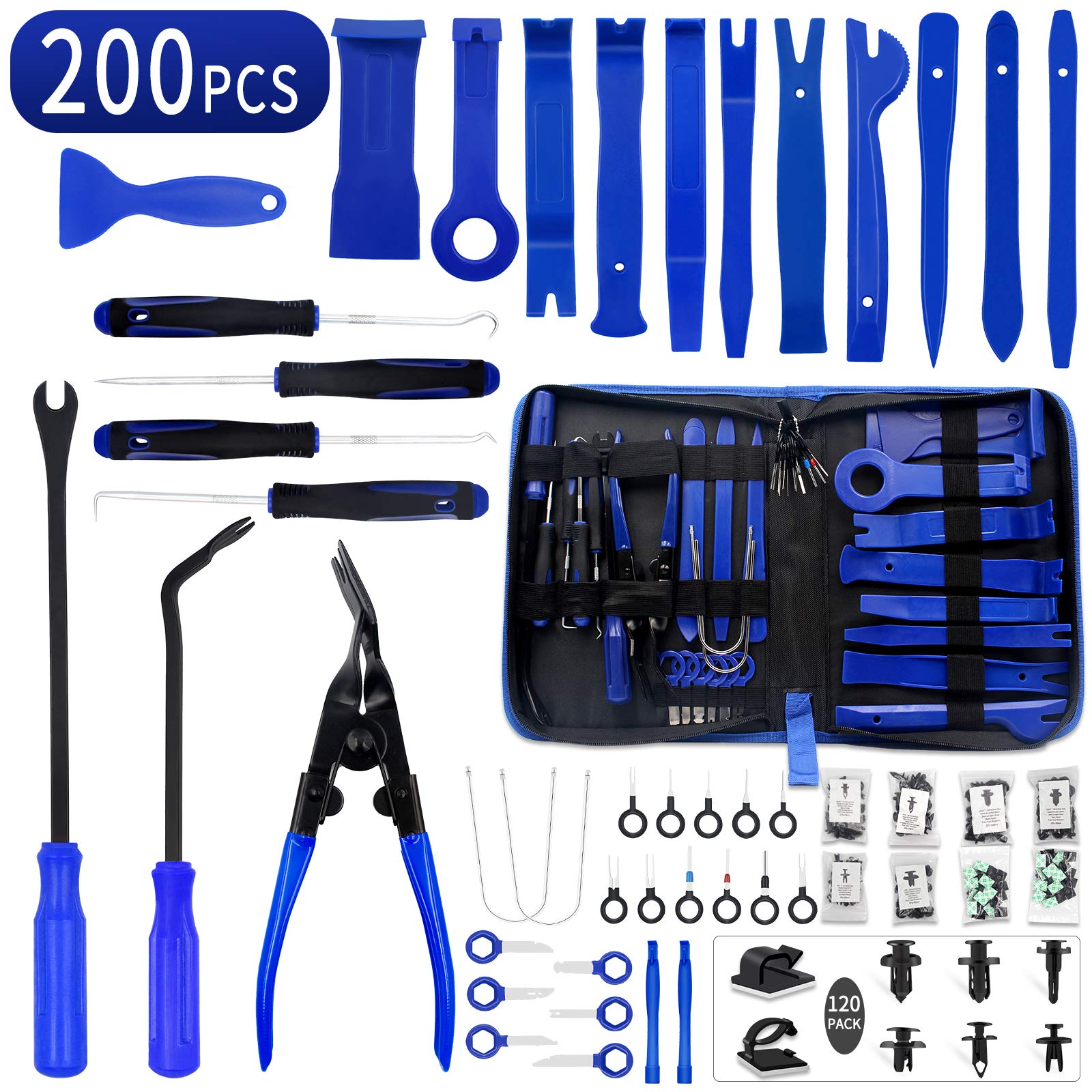 Wetado Trim Removal Tool, 200PCS Trim Tool Auto Removal Kit, Plastic Panel Fastener Removal Tool, Trim Removal Kit for Car/Trim/Panel/Door/Audio/Auto Clip Pliers/Terminal Removal Tool Kit (Blue)