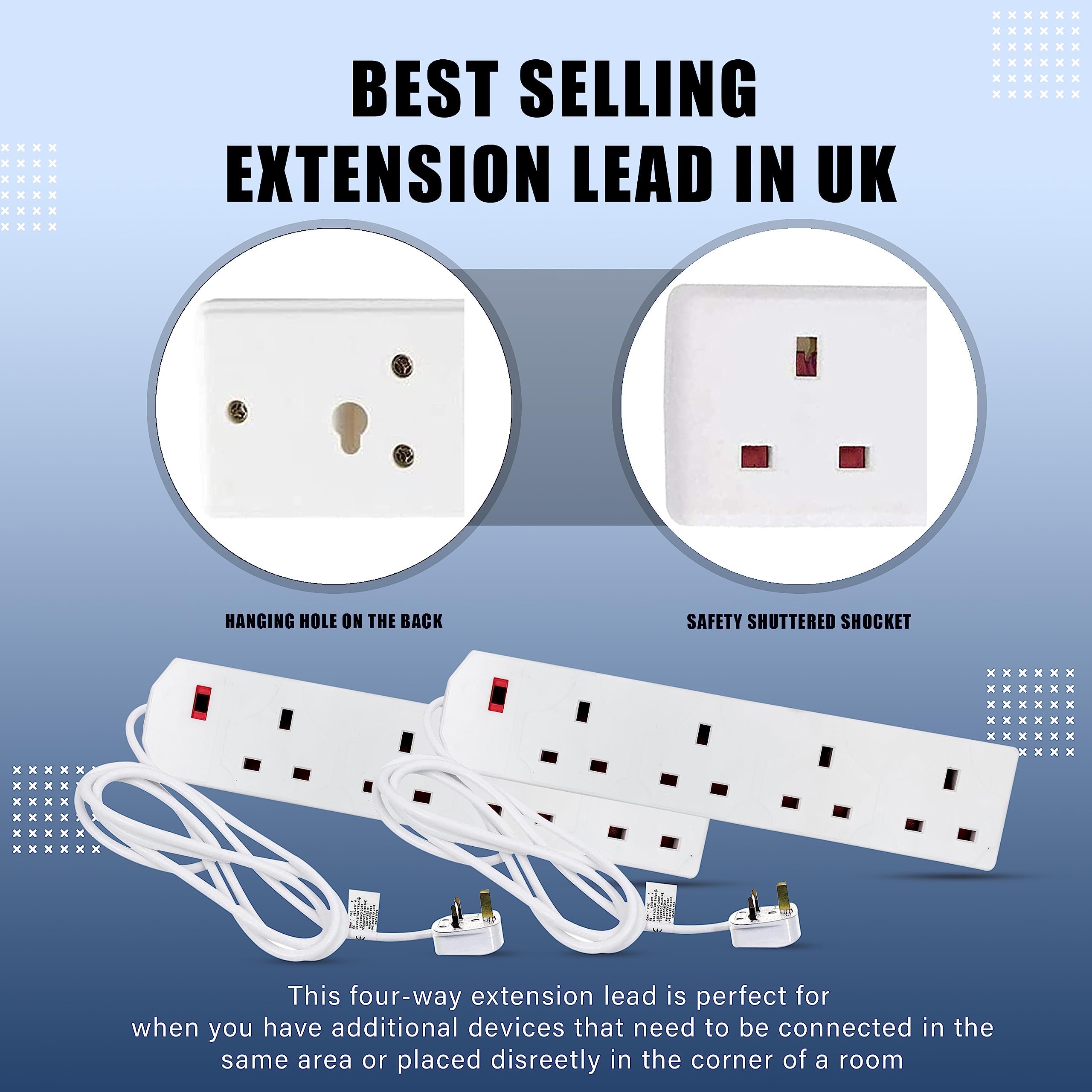 K-MART Heavy Duty Extension Lead UK Pin Plug and Cable, 4 Gang Way 2m Power Adapter, Multi Socket Mains Strip (White, 1 Pack)