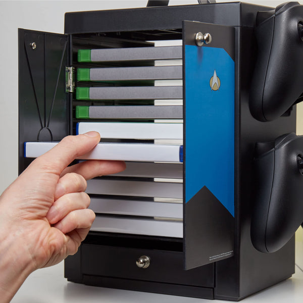 Numskull Official PS5-Inspired Gaming Accessory Locker & Storage Stand – Holds 10 Games/DVDs, 4 Controllers, Headset, and Accessories – Durable & Compact Organizer – Official PS5-Inspired Merchandise