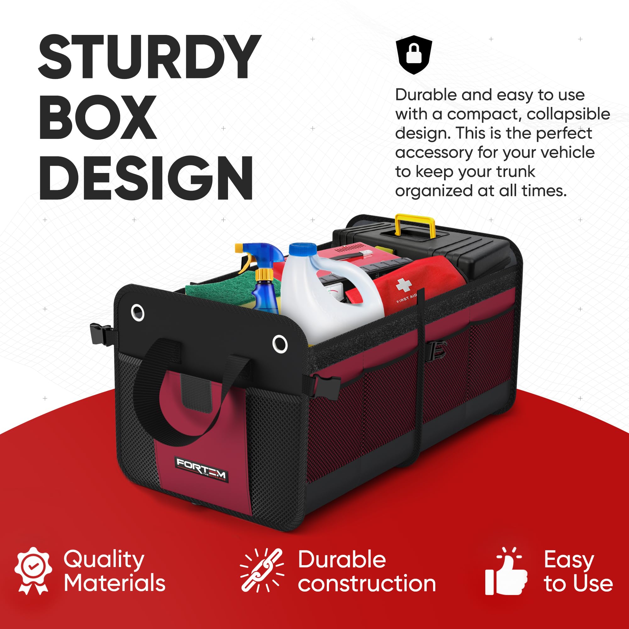 FORTEM Car Boot Organiser, SUV Boot Tidy, Trunk Storage, Collapsible Multi Compartment Car Organiser, Non Slip Bottom, Adjustable Securing Straps, Foldable Cover (65L)