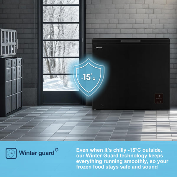 Fridgemaster MCF142EB 142L Chester Freezer 4 Star Freezer Rating - 55.9D x 62.5W x 85.4H cm Black with Recessed Handle - E Rated