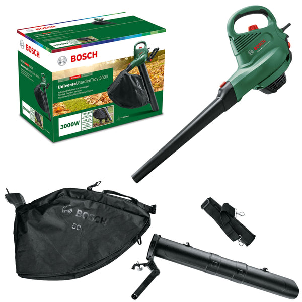 Bosch Electric Leaf Blower and Vacuum UniversalGardenTidy 3000 (3000 W, collection bag 50 l,variable speed,for blowing, vacuuming shredding leaves,