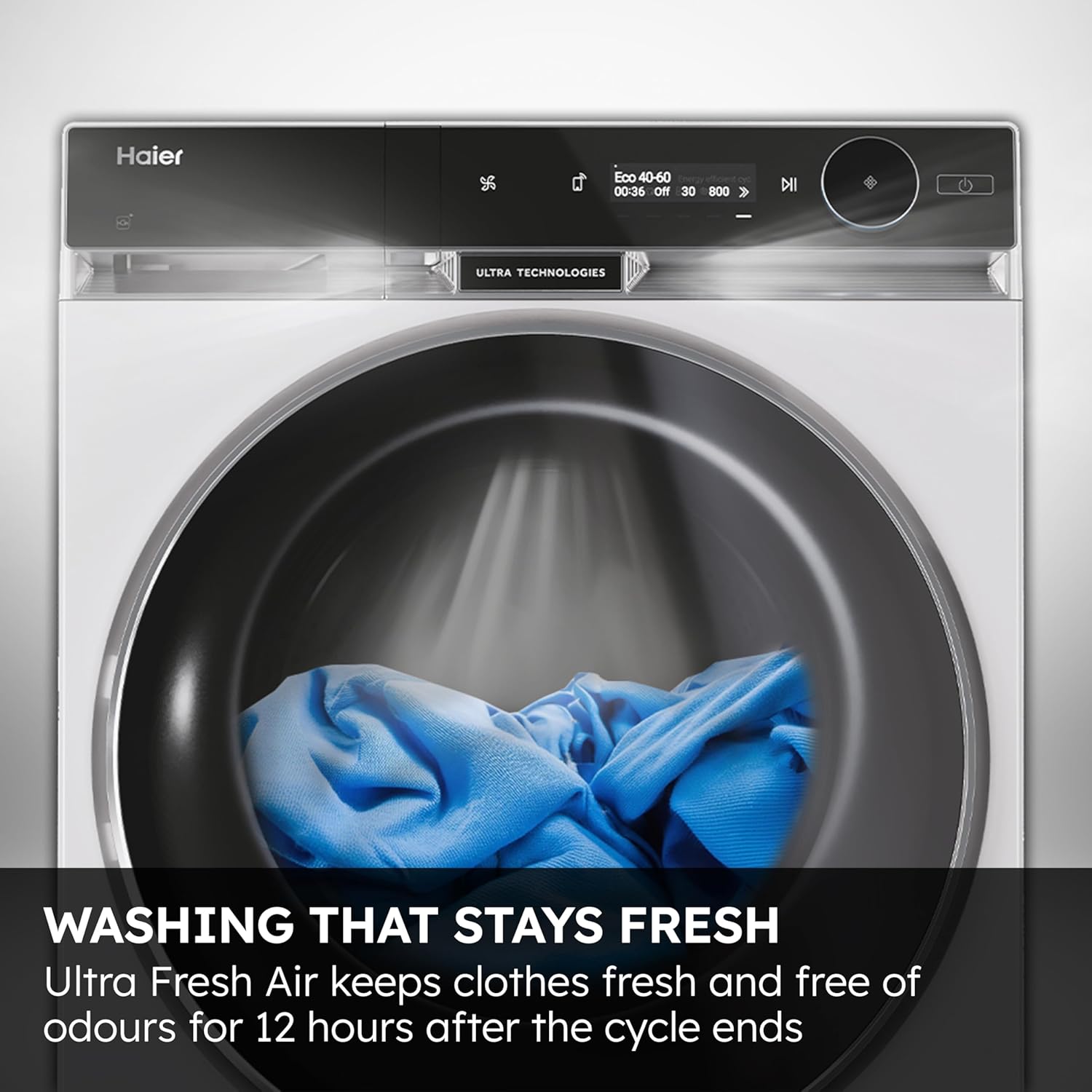 Haier X Series 9 Washing Machine, 10kg, 1400 rpm, A-30 percent Energy Class, Ultra Fresh Air, Refresh Cycle, Direct Motion Motor, 14 Programmes, White-Black Door, 57x60x85 cm -HW100-B14387UUK