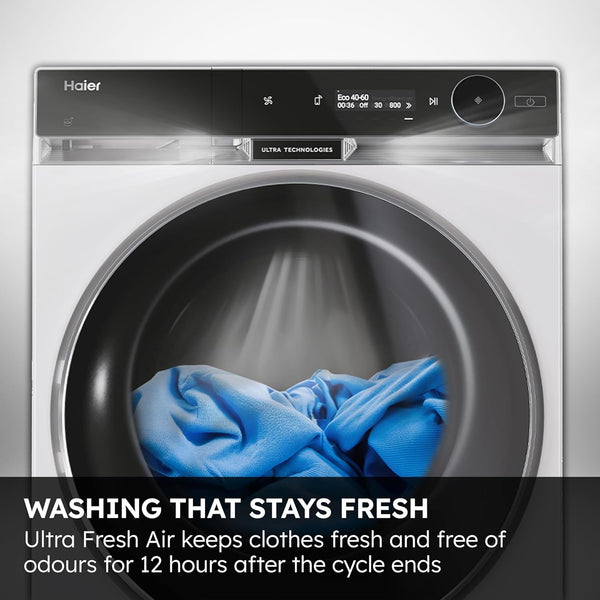 Haier X Series 9 Washing Machine, 10kg, 1400 rpm, A-30 percent Energy Class, Ultra Fresh Air, Refresh Cycle, Direct Motion Motor, 14 Programmes, White-Black Door, 57x60x85 cm -HW100-B14387UUK