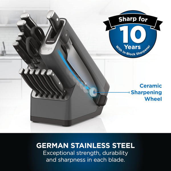 Ninja Foodi StaySharp Knife Block with Integrated Sharpener, 5-Piece Knife Set includes Chef, Bread, Slicing, Utility, Paring Knives, Stainless Steel K32005UK, Black