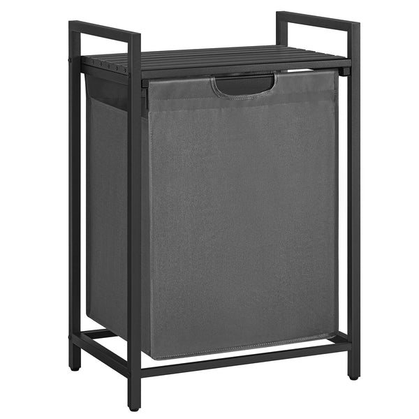 VASAGLE Laundry Basket, Laundry Hamper, Pull-Out and Removable Liner Bag, Shelf, Metal Frame, 65 L, 50 x 33 x 72 cm, Ink Black and Rustic Brown BLH101B01
