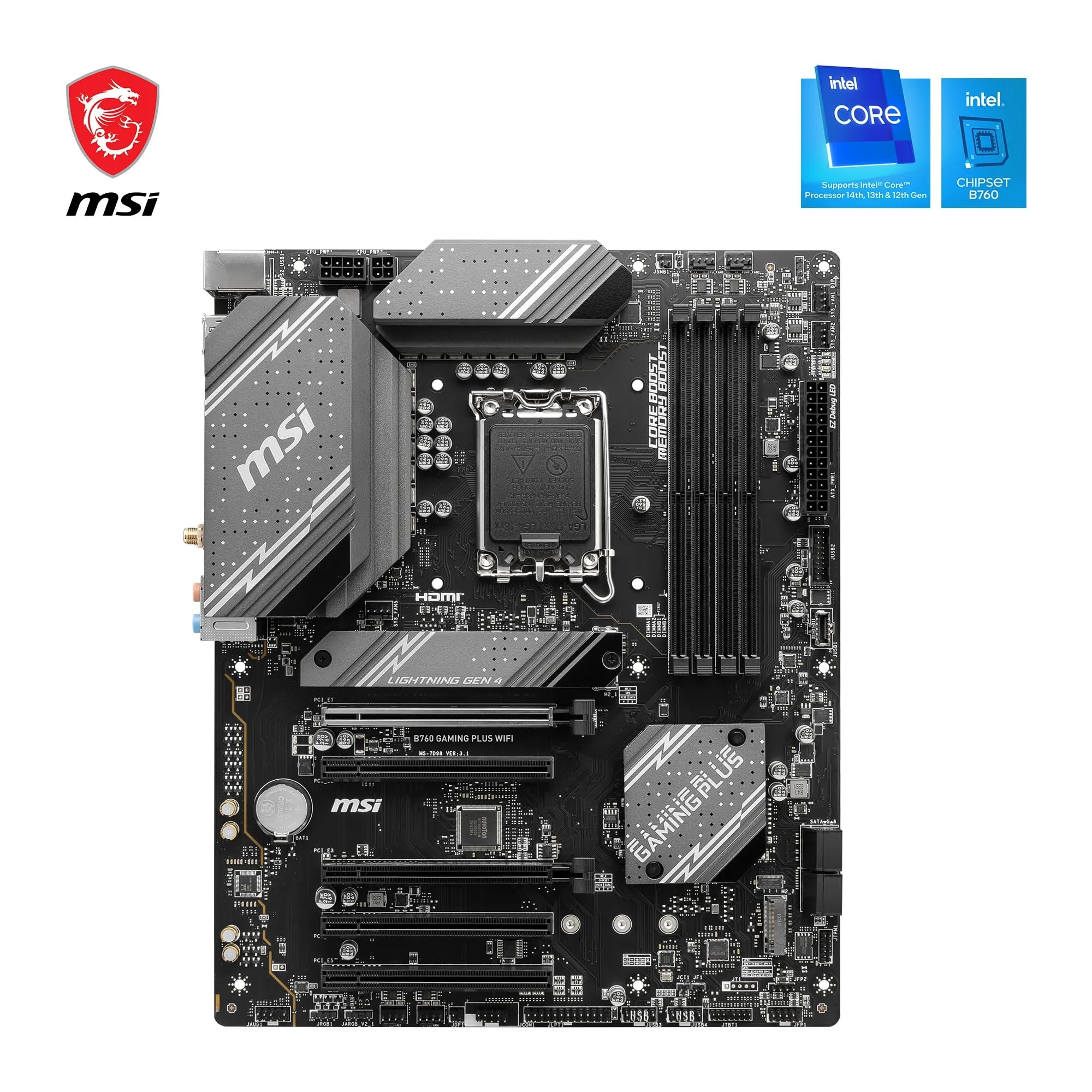 MSI B760 GAMING PLUS WIFI DDR4 Motherboard, ATX - Supports Intel 14th, 13th & 12th Gen Core Processors, LGA 1700 - DDR4 Memory Boost 5333+MHz/OC, 1x PCIe 4.0 x16, 2 x M.2 Gen4, 2.5G LAN, Wi-Fi 6E