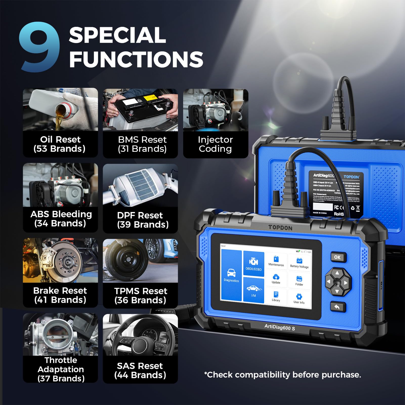 TOPDON OBD2 Code Reader Scanner ArtiDiag600S, 9 Reset Service for Oil/BMS/ABS/SAS/EPB/DPF/TPMS/Throttle/Injector Coding, ABS/SRS/Engine/Transmission Car diagnostic tool, Free Lifetime Upgrade