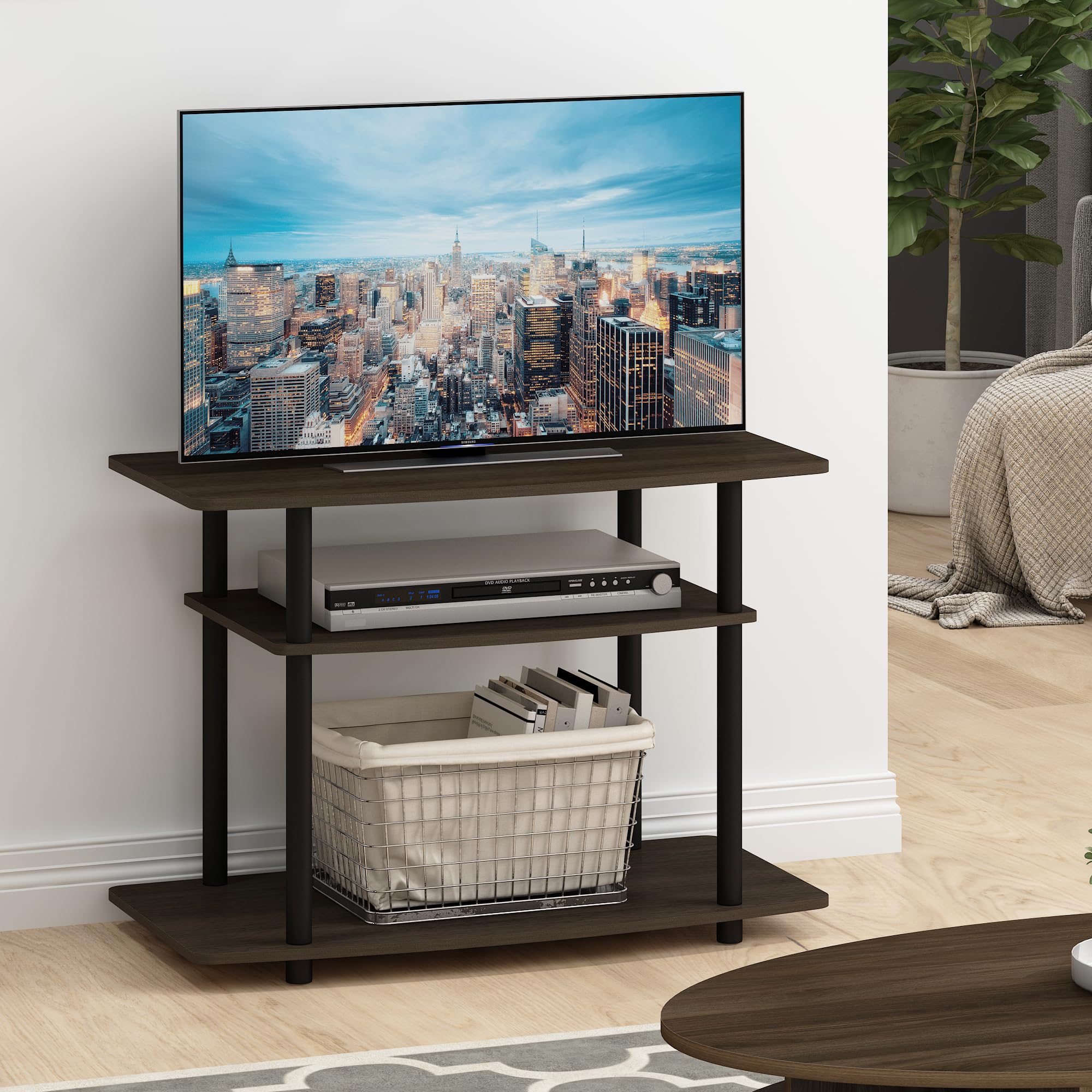 Furinno No Tools 3-Tier Entertainment Center Stand, TV Stands, TV Unit, TV Shelf, Dark Brown/Black
