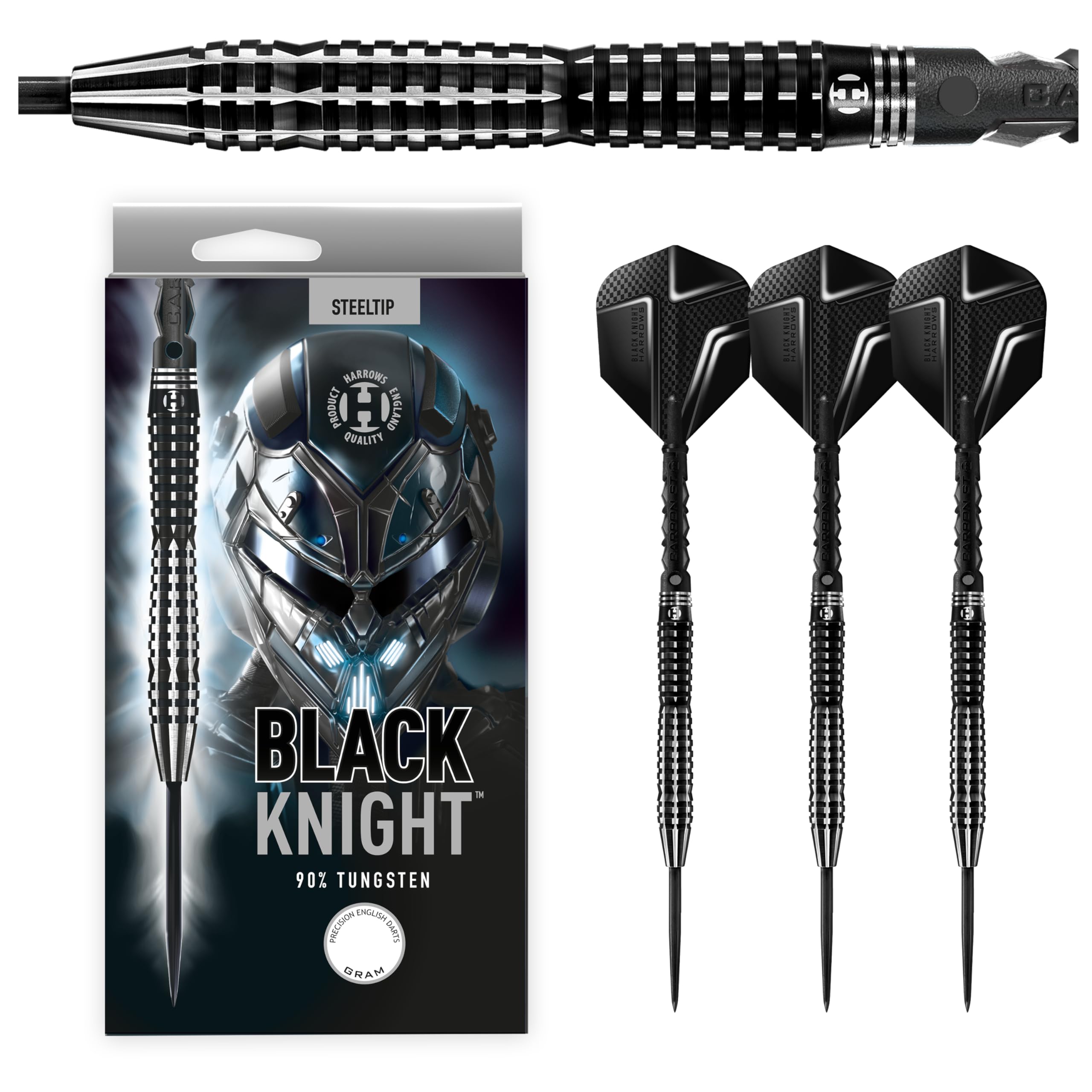 Harrows Black Knight 90% Tungsten Steel Tip Darts Set, 21g - 26g - Includes Black Carbon ST Midi Shafts & Micron Black Knight Flights (25g)