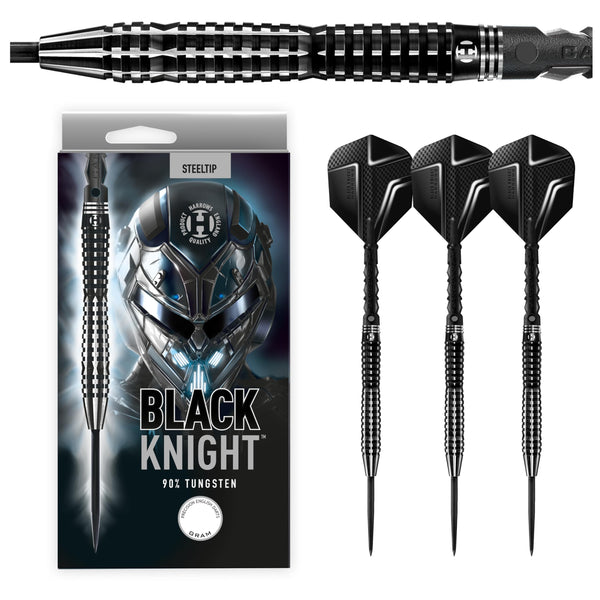 Harrows Black Knight 90% Tungsten Steel Tip Darts Set, 21g - 26g - Includes Black Carbon ST Midi Shafts & Micron Black Knight Flights (25g)