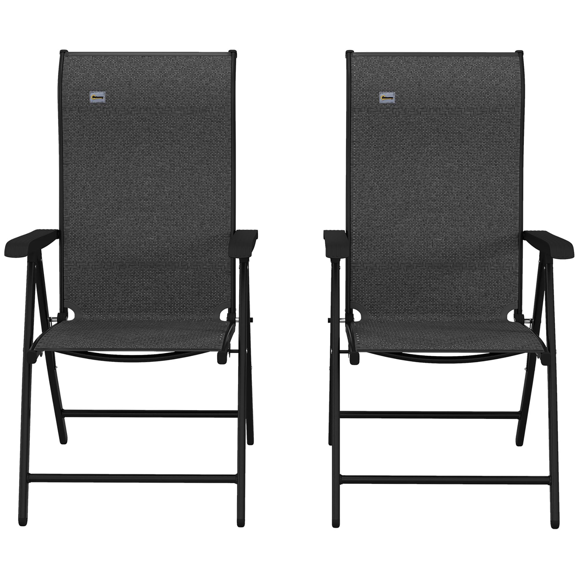 Outsunny Set of 2 Outdoor Wicker Folding Chairs, Patio PE Rattan Dining Armrests Chair set with 7 Levels Adjustable Backrest, for Outdoors, Camping, Brown