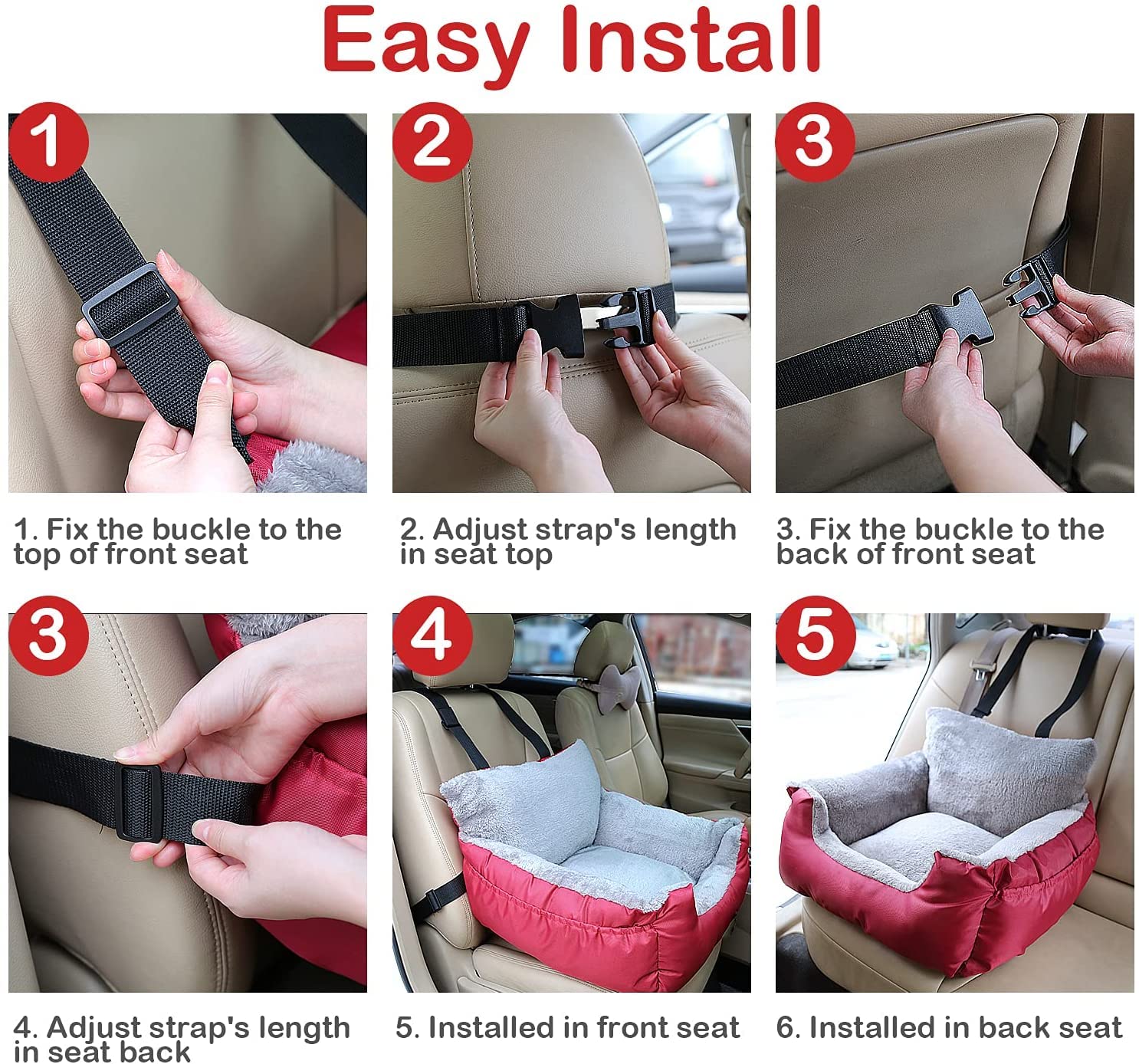 GoFirst Dog Car Seat for Small Dogs or Cats, Pet Booster Seat Travel Car Bed with Storage Pocket and Clip-On Safety Leash, Waterproof Warm Plush Dog Car Safety Seats,Black