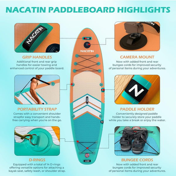 Paddle Boards for Adults, NACATIN Inflatable Stand Up Paddle Board with 10'6" SUP Paddleboard, Adjustable Paddle, Pump, Backpack, Dry Bag, Ideal for All Skill Levels (Optional Kayak Seat Available)