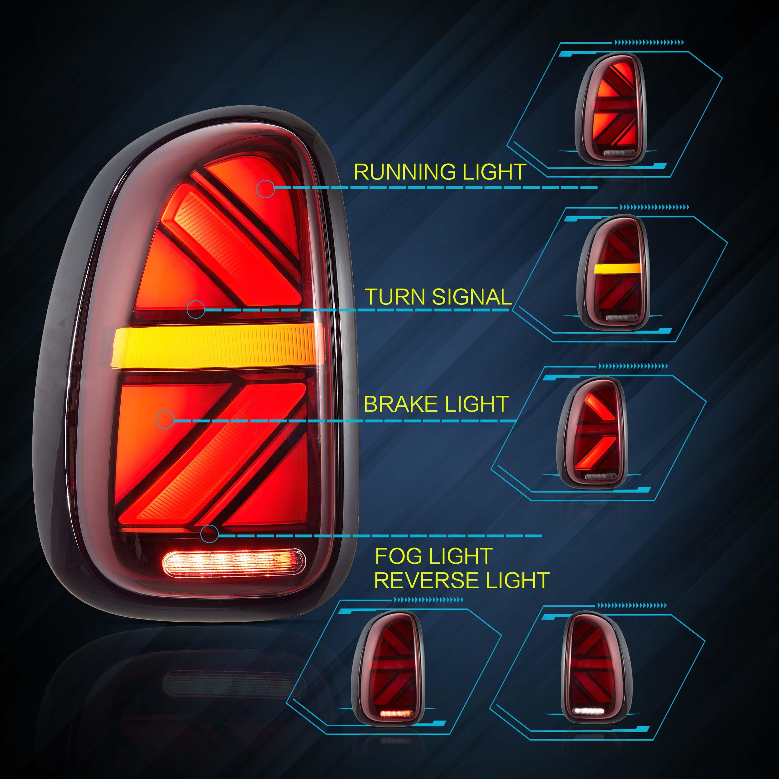 VLAND LED Tail Light Compatible with BMW Mini Cooper F55 F56 F57 2014-2021, Rear Lights with Sequential Turn Signal, Electroplated housing, Red