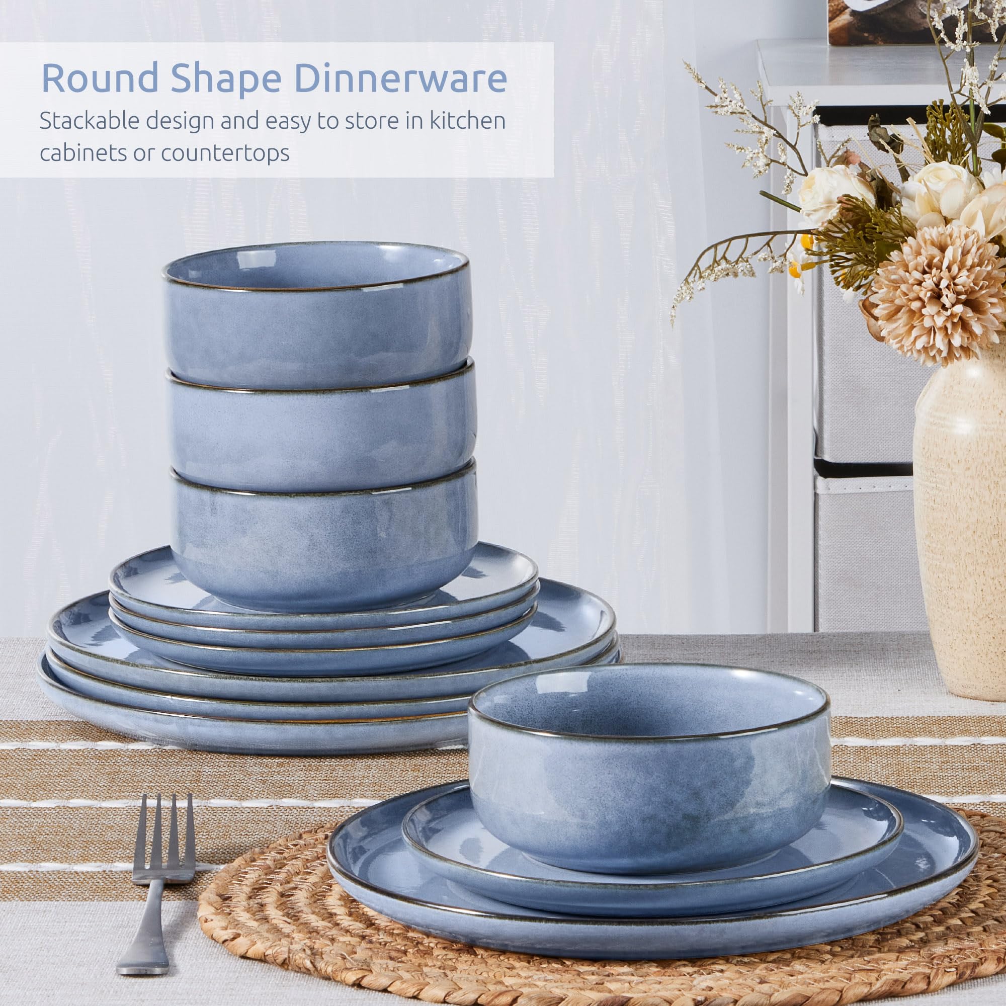 Homikit 12 Piece Dinner Set, Reactive Glaze Kitchen Dinnerware Sets for 4, Elegant Stoneware Included Plates and Bowls, Non-Scratch & Sturdy,