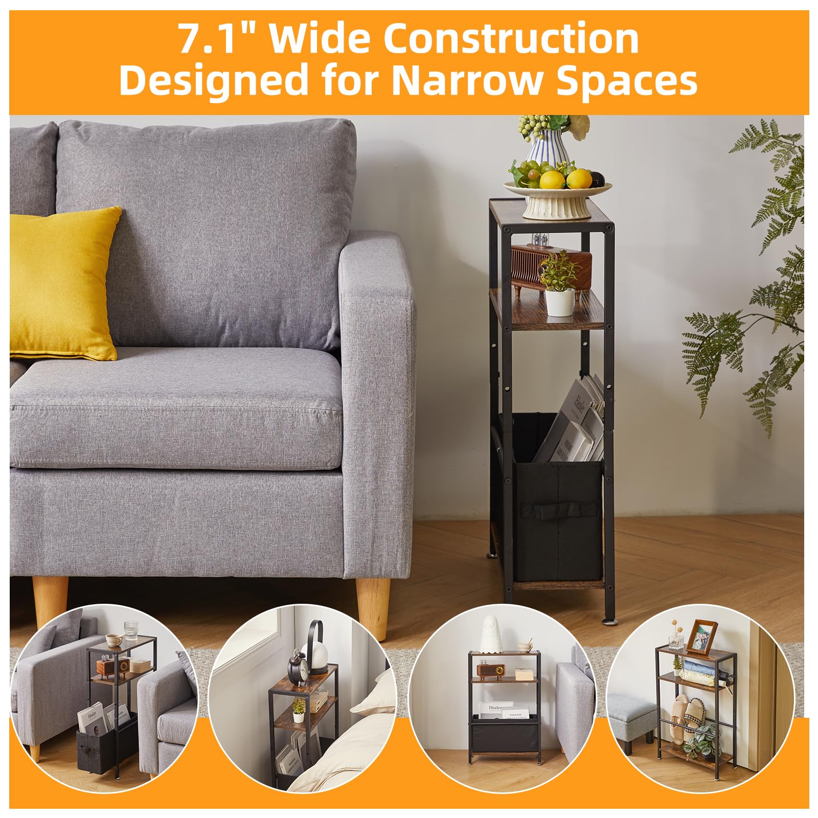 Aibiju Side Table,3-Tier Small Narrow Side Table with Storage Shelf,Slim End Tables with Fabric Basket for Narrow and Small Spaces,Rustic