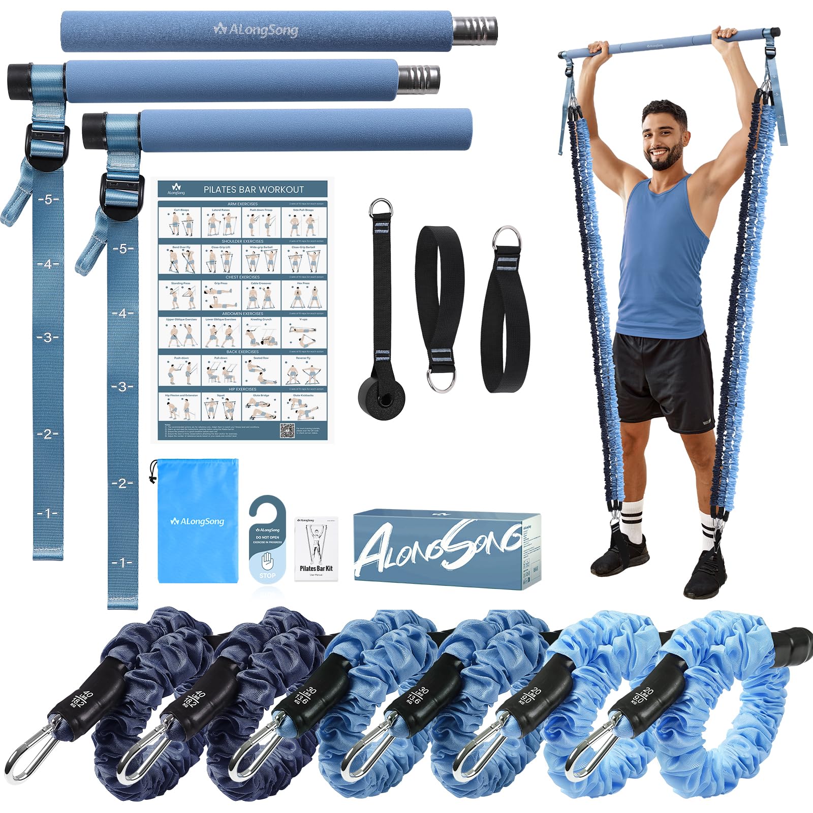 ALongSong Pilates Equipment Pilates Reformer With 6 Resistance Bands 20/30/40lbs Anti-Snap Protection For Home Gym Workout Yoga Twisting Squat