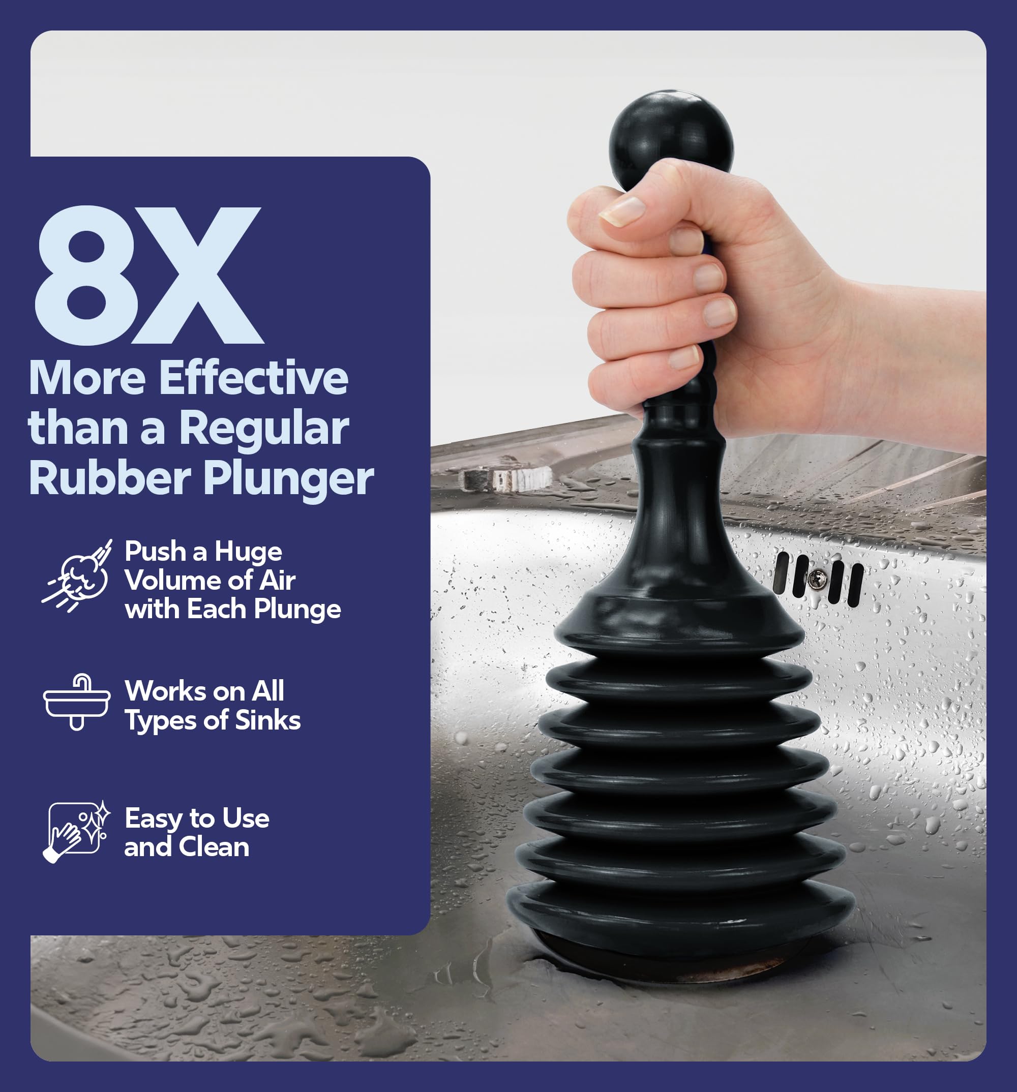 Luigi's Sink Plunger - Drain Plunger Sink Unblocker - Plungers for Unblocking - Drain Plungers for Bathroom Kitchen Bath Shower - Unblock Pump with Accordion Bellows