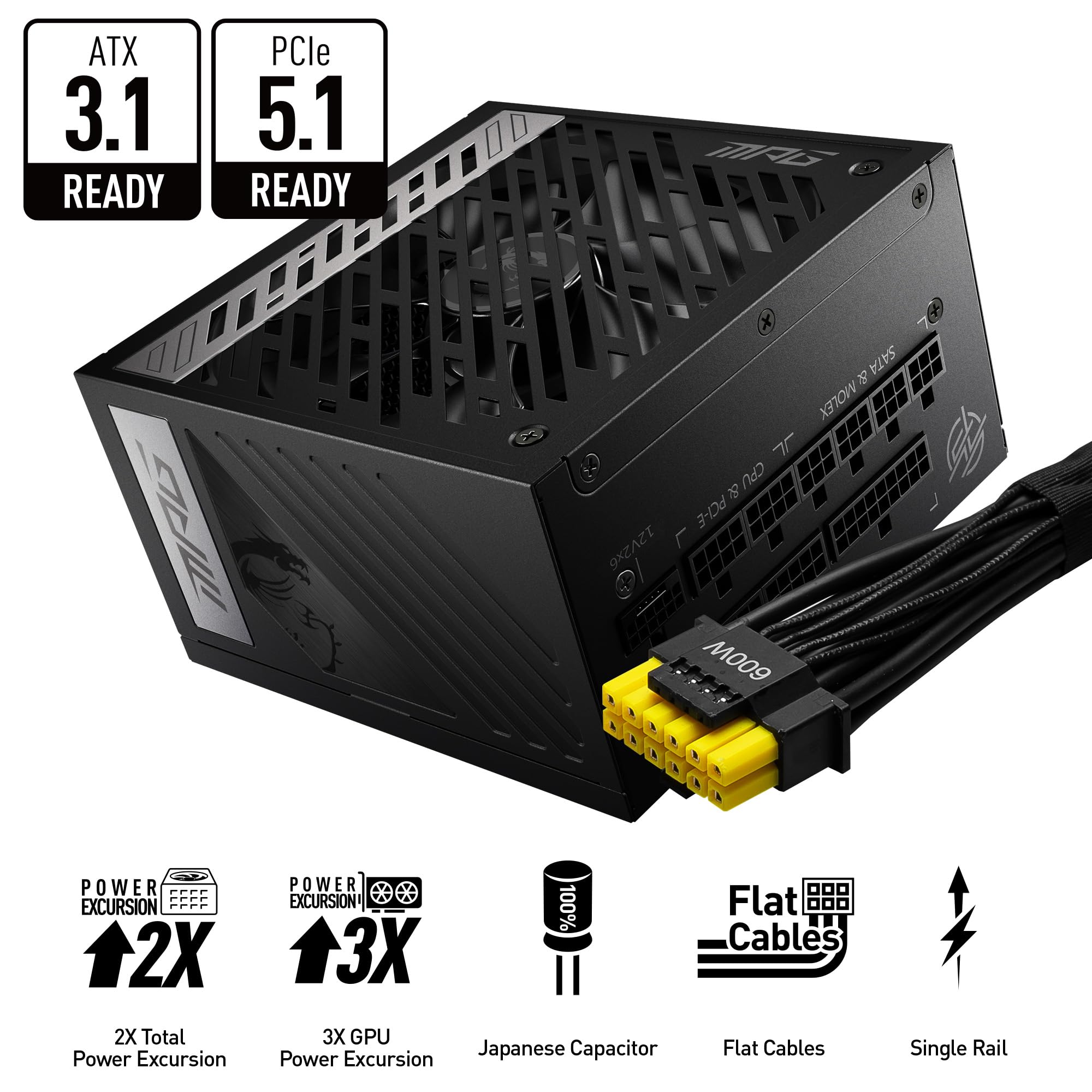 MSI MPG A1000G PCIE5 Power Supply Unit, UK Plug - 1000W, 80 Plus Gold Certified, Fully Modular ATX 3.0, PCIe 5.0 GPU Support, Japanese 105°C Capacitors, 0% RPM Mode, Flat Cables - 10 Year Warranty