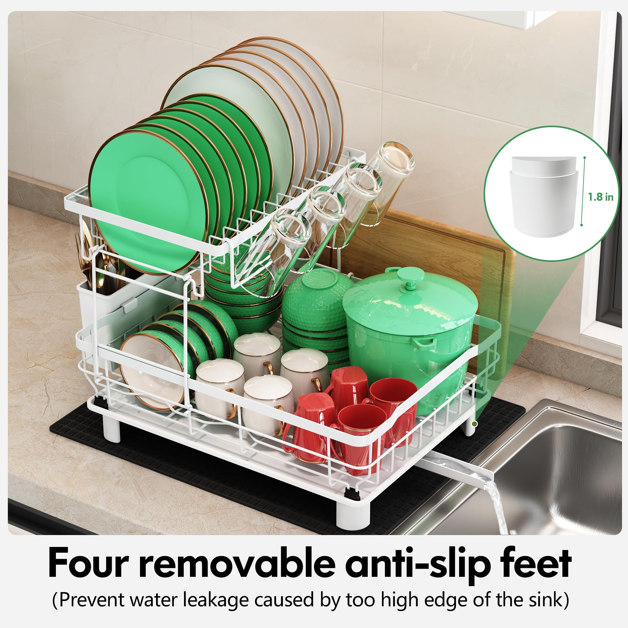 2 Tier Dish Drainer Rack, 2 Tier Dish Drainer with Drip Tray and Drying Mat, Stainless Steel Dish Drying Rack with 360 Swivel Drainage Spout, Utensil