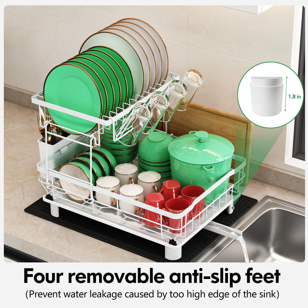 2 Tier Dish Drainer Rack, 2 Tier Dish Drainer with Drip Tray and Drying Mat, Stainless Steel Dish Drying Rack with 360 Swivel Drainage Spout, Utensil