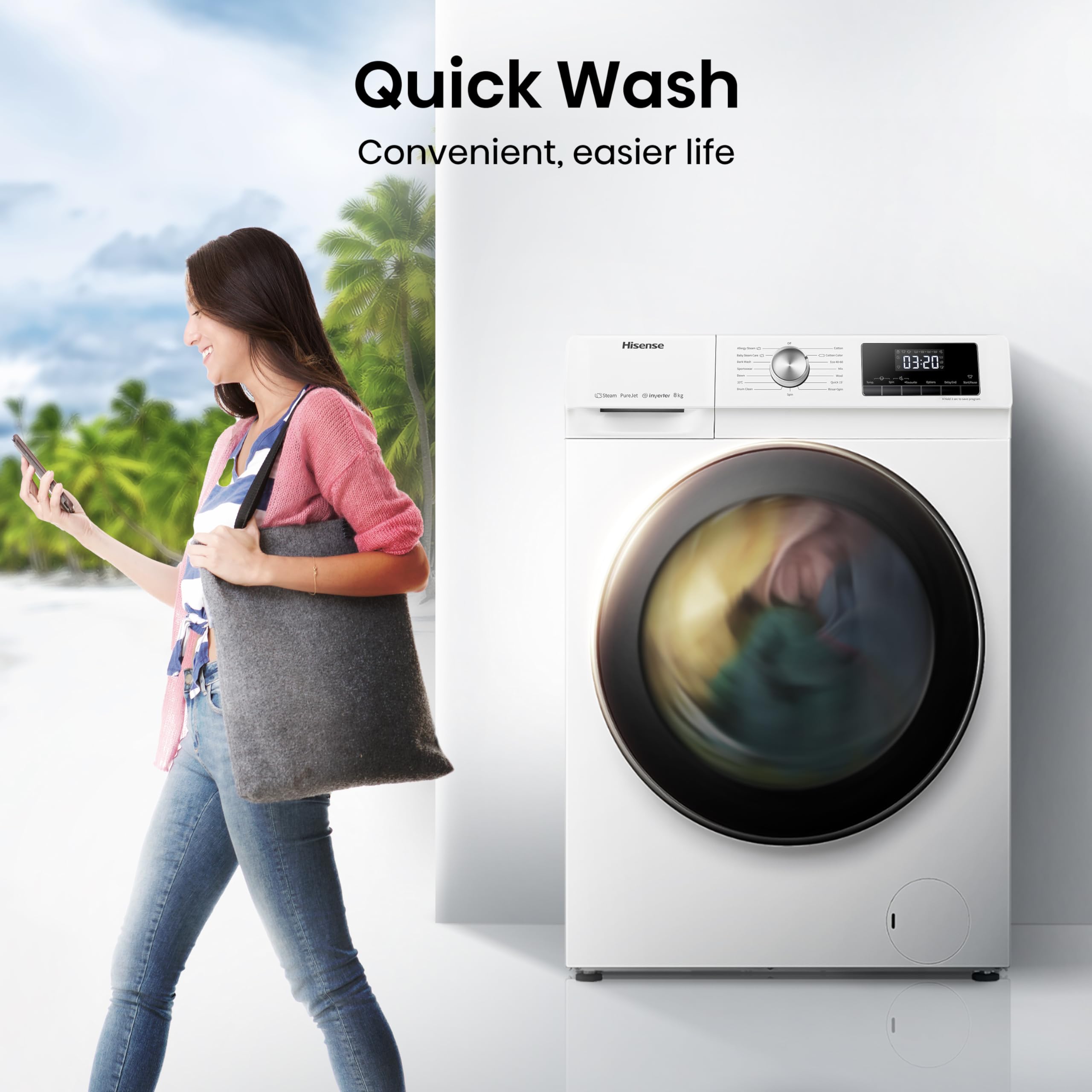 Hisense 3 Series WFQA9014EVJM Freestanding 9 KG Front Load Washing Durable Inverter Machine Steam Wash Quick Wash 15 Washing Programs 1400 RPM White- Energy Rating A