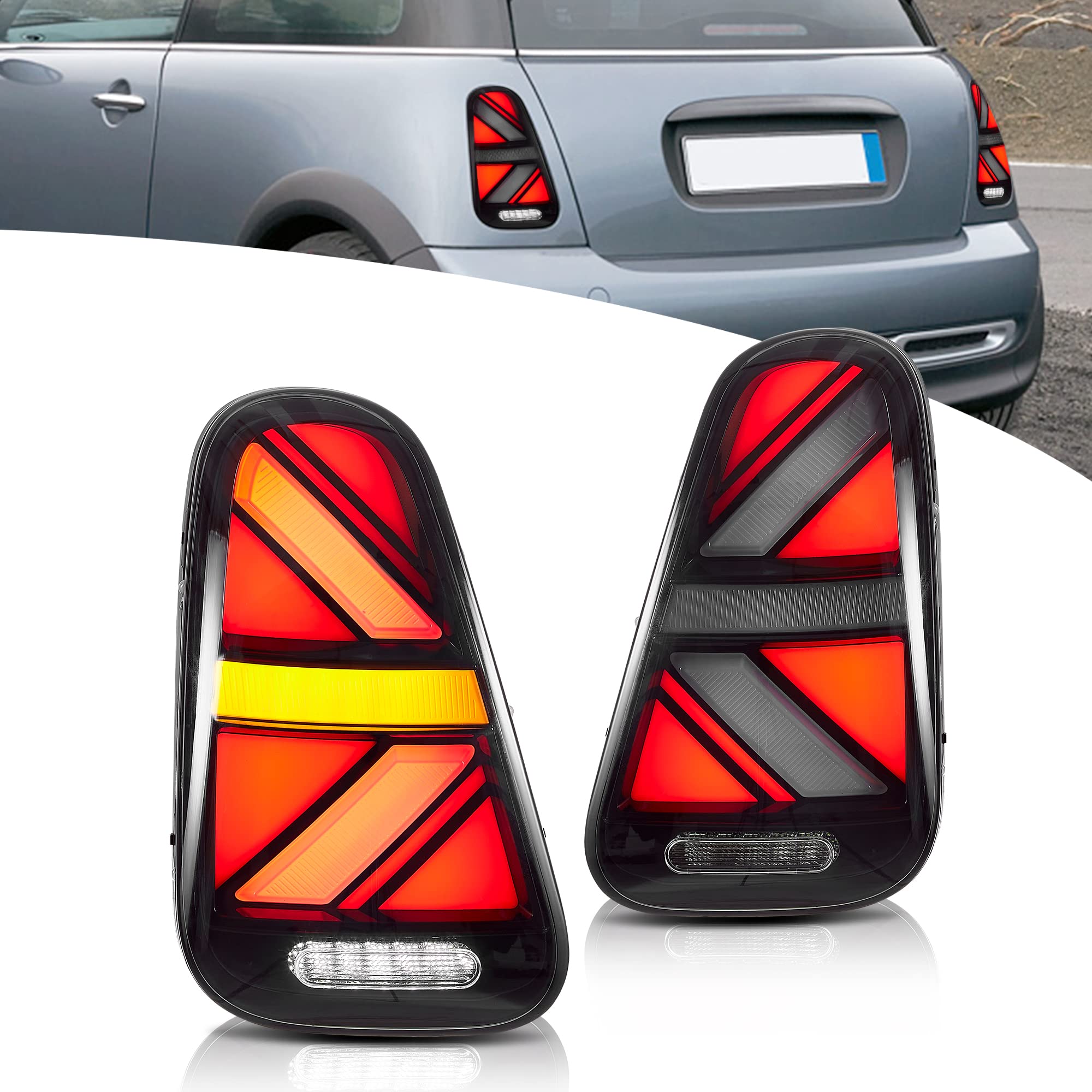 VLAND LED Rear Lights Compatible with Mini Cooper R50 R52 R53 2001-2006 1st Gen Hatch/Convertible, Union Jack Tail Lights w/Startup Dynamic Display & Sequential Indicator, 1 Set (Red)