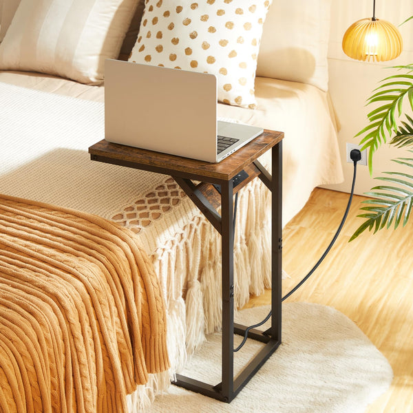 HOOBRO C Shaped Side Table, Sofa Table with Charging Station, Laptop Table for Sofa, 2 USB Ports 2 AC Outlets, Narrow Bedside Table with Power, Living