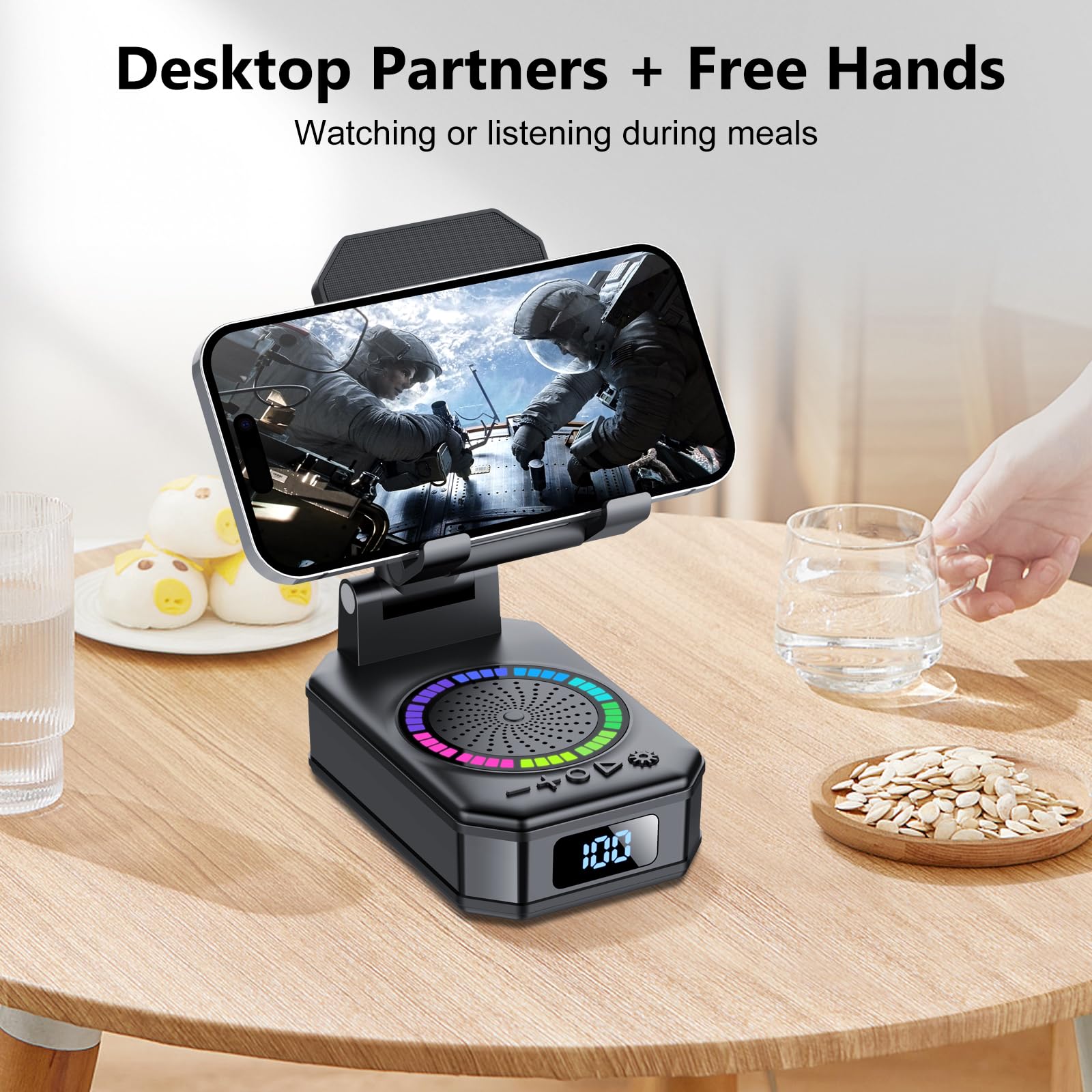 Gifts for Men Women, Phone Stand with Bluetooth Speaker, Anti-Slip Base, 4-in-1 Design with RGB, Foldable Phone Charger Stand with Wireless Speaker, Ideal for Dad Mom, Tech Gadget Stocking Fillers