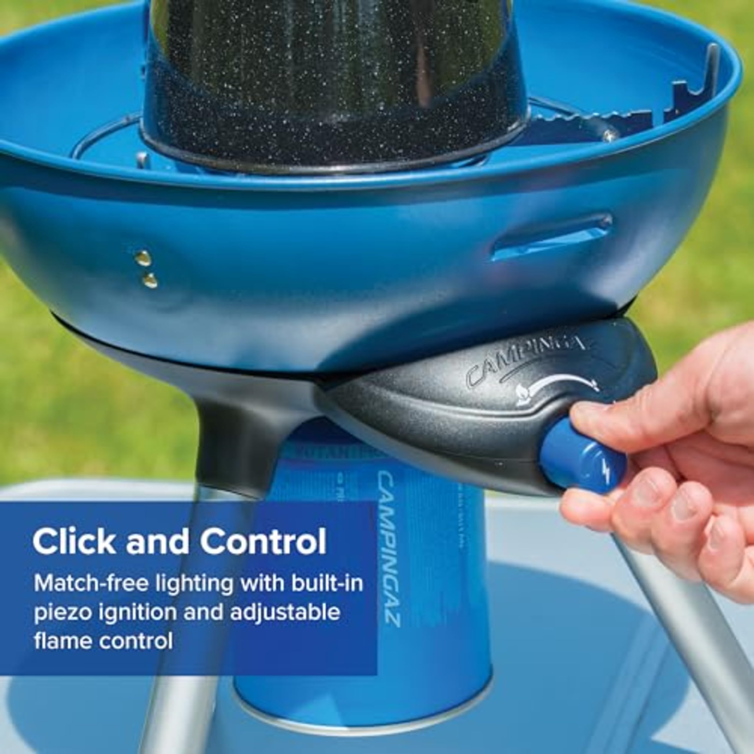 Campingaz Party Grill 400 CV, Camping Stove and Grill, All-in-One Portable Camping BBQ, with Griddle, Grid and Pan Support, Lid Doubles as Wok, Blue